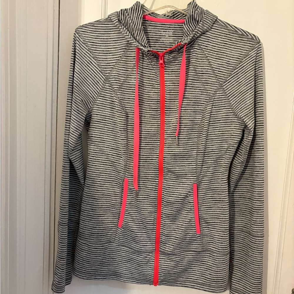 Lukka Black and White Striped Hoodie with Red Zipper